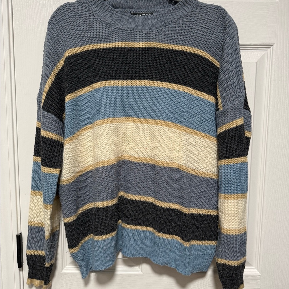 SHEIN Women’s Crewneck Sweater in Blue, Black, and Cream Stripes